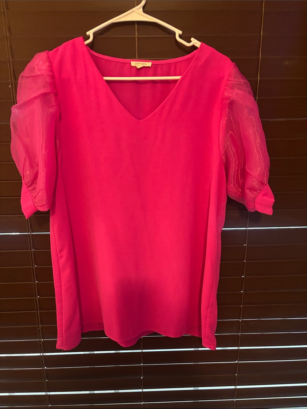 JODIFL Hot Pink V-Neck Blouse with Sheer Puff Sleeves